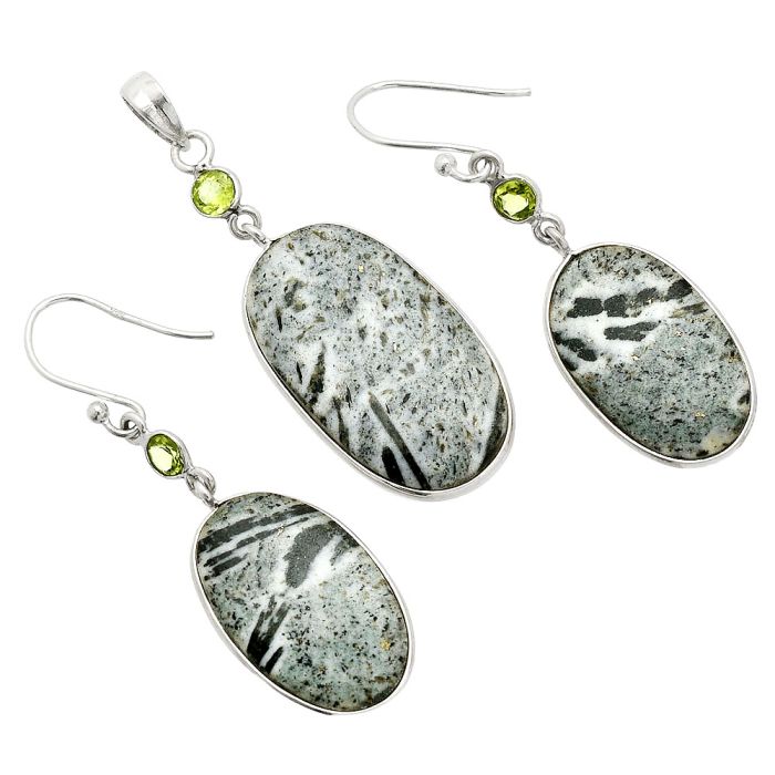 Hornblende and Peridot Pendant Earrings Set SDT03294 T-1010, 15x27 mm