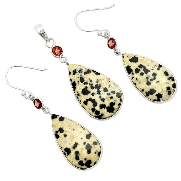 Dalmatian and Garnet Pendant Earrings Set SDT03328 T-1010, 15x26 mm