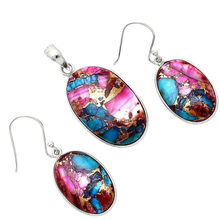 Kingman Pink Dahlia Turquoise Pendant Earrings Set SDT03407 T-1001, 17x27 mm