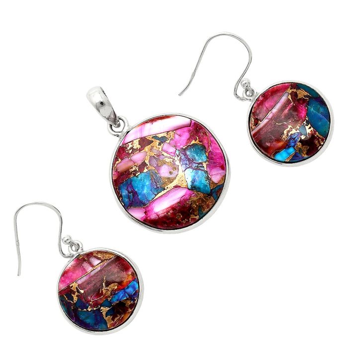 Kingman Pink Dahlia Turquoise Pendant Earrings Set SDT03408 T-1001, 22x22 mm