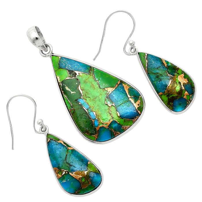 Blue Turquoise In Green Mohave Pendant Earrings Set SDT03446 T-1001, 20x33 mm