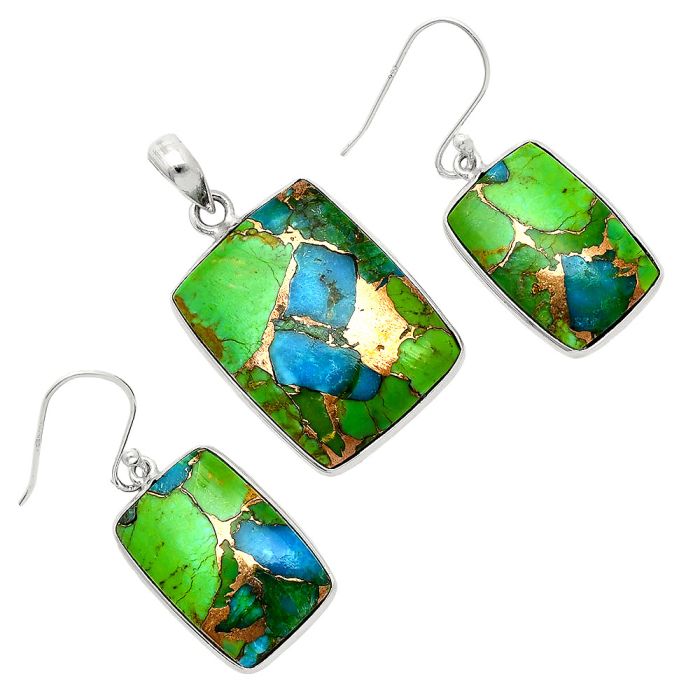 Blue Turquoise In Green Mohave Pendant Earrings Set SDT03449 T-1001, 19x25 mm