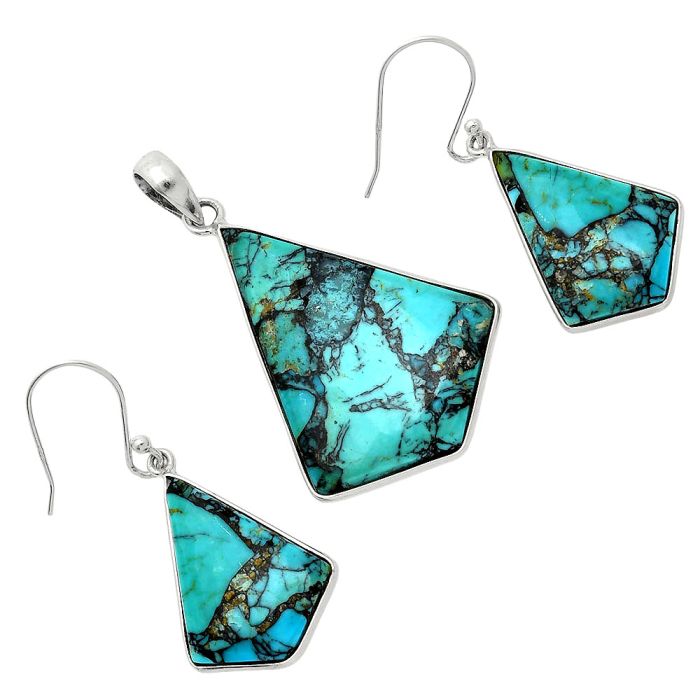 Lucky Charm Tibetan Turquoise Pendant Earrings Set SDT03454 T-1001, 25x33 mm