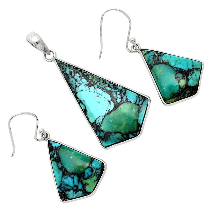 Lucky Charm Tibetan Turquoise Pendant Earrings Set SDT03456 T-1001, 20x34 mm