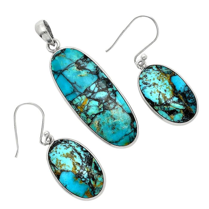 Lucky Charm Tibetan Turquoise Pendant Earrings Set SDT03460 T-1001, 14x26 mm