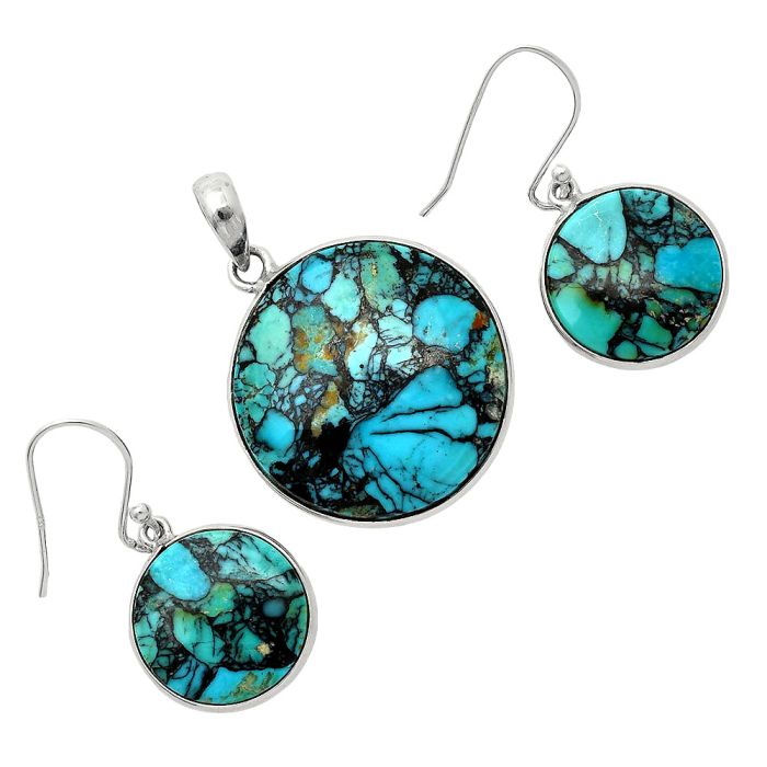 Lucky Charm Tibetan Turquoise Pendant Earrings Set SDT03462 T-1001, 24x24 mm