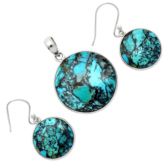 Lucky Charm Tibetan Turquoise Pendant Earrings Set SDT03466 T-1001, 24x24 mm