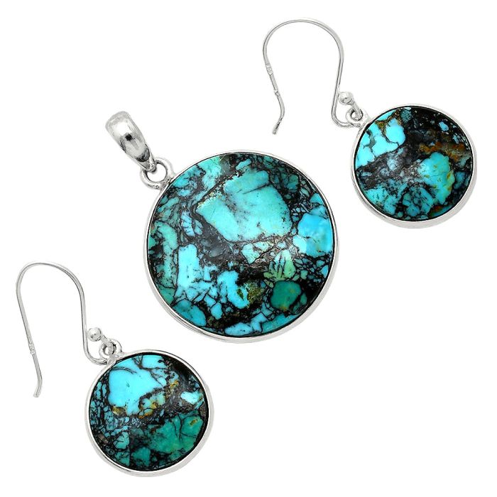 Lucky Charm Tibetan Turquoise Pendant Earrings Set SDT03467 T-1001, 24x24 mm