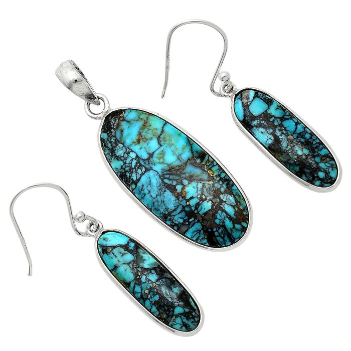 Lucky Charm Tibetan Turquoise Pendant Earrings Set SDT03475 T-1001, 14x30 mm