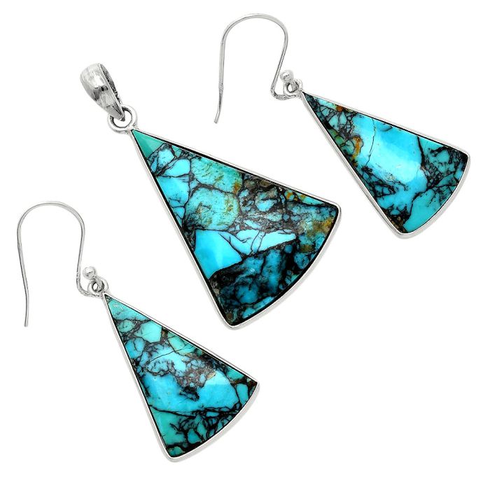 Lucky Charm Tibetan Turquoise Pendant Earrings Set SDT03477 T-1001, 22x30 mm