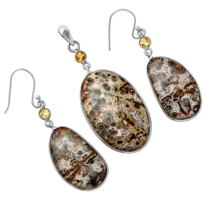 Leopard Skin Jasper and Citrine Pendant Earrings Set SDT03481 T-1010, 21x34 mm