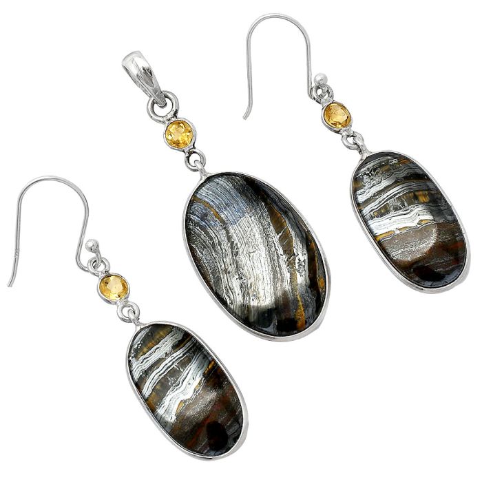 Iron Tiger Eye and Citrine Pendant Earrings Set SDT03485 T-1010, 16x26 mm