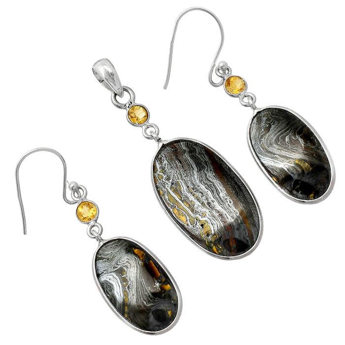 Iron Tiger Eye and Citrine Pendant Earrings Set SDT03486 T-1010, 15x26 mm