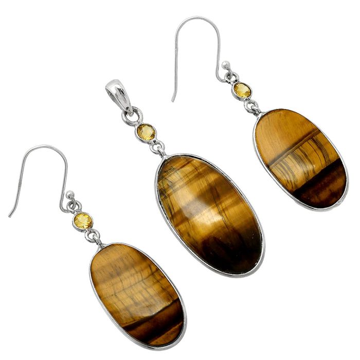 Tiger Eye and Citrine Pendant Earrings Set SDT03493 T-1010, 16x30 mm