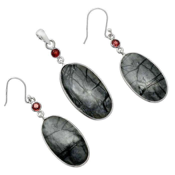 Picasso Jasper and Garnet Pendant Earrings Set SDT03503 T-1010, 16x30 mm