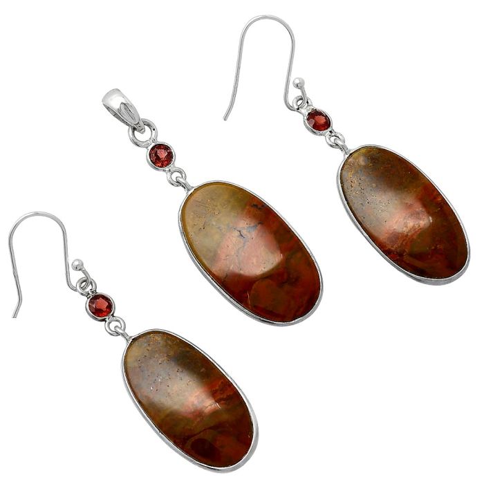 Red Moss Agate and Garnet Pendant Earrings Set SDT03508 T-1010, 15x27 mm