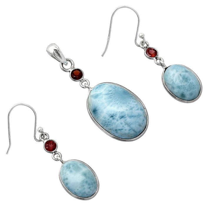 Larimar (Dominican Republic) and Garnet Pendant Earrings Set SDT03514 T-1010, 15x22 mm