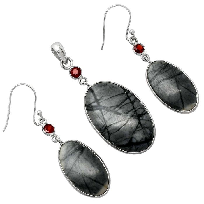 Picasso Jasper and Garnet Pendant Earrings Set SDT03522 T-1010, 18x30 mm